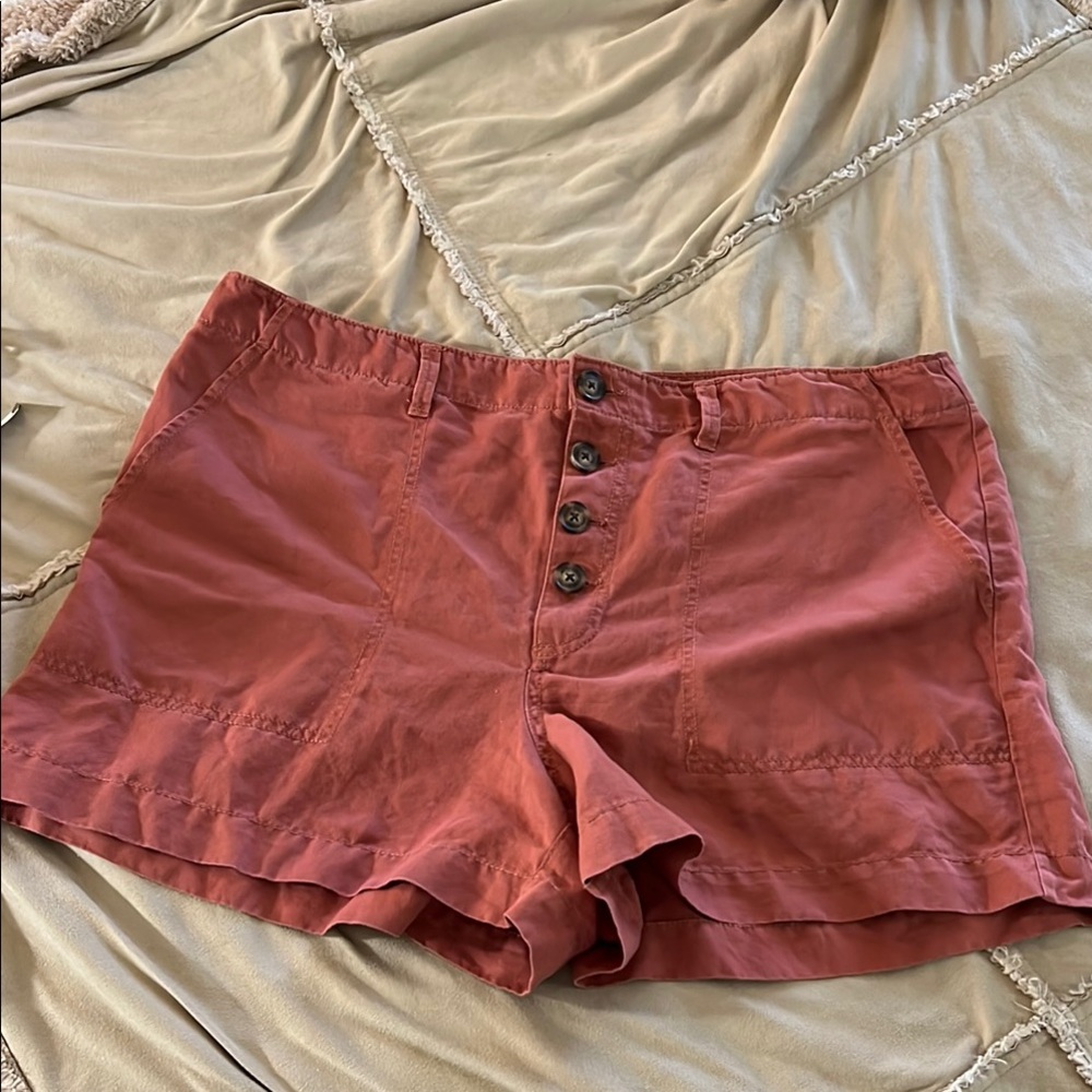 LOFT Rusty Rose High-Waist Button-Front Shorts Size 16 Soft Cotton/Linen Blend
